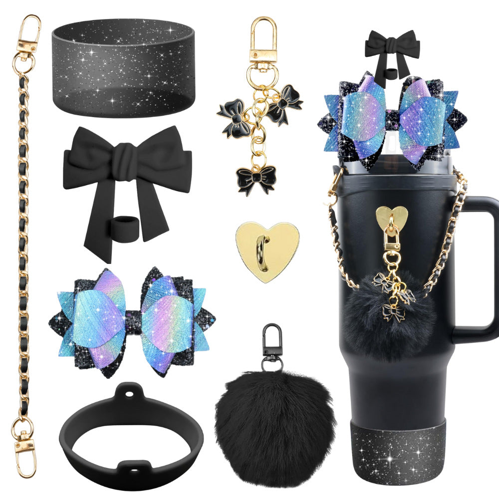 Wholesale mug accessories portable chain bow straw decorative silicone cup set cup chain flower pendant